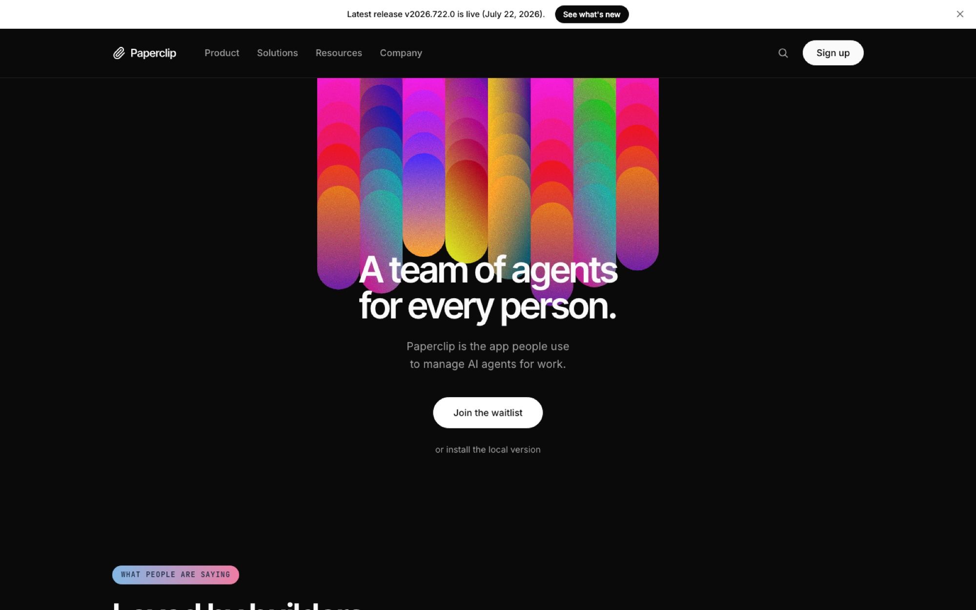 The Paperclip AI landing page on August 11, 2026, showing the waitlist signup and the smaller "or install the local version" link beneath it