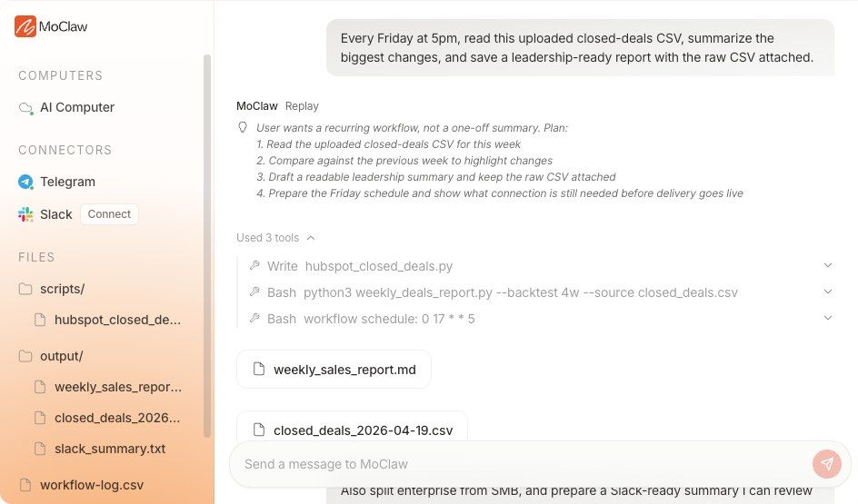 MoClaw AI workflow automation use case for recurring browser tasks, files, and reports