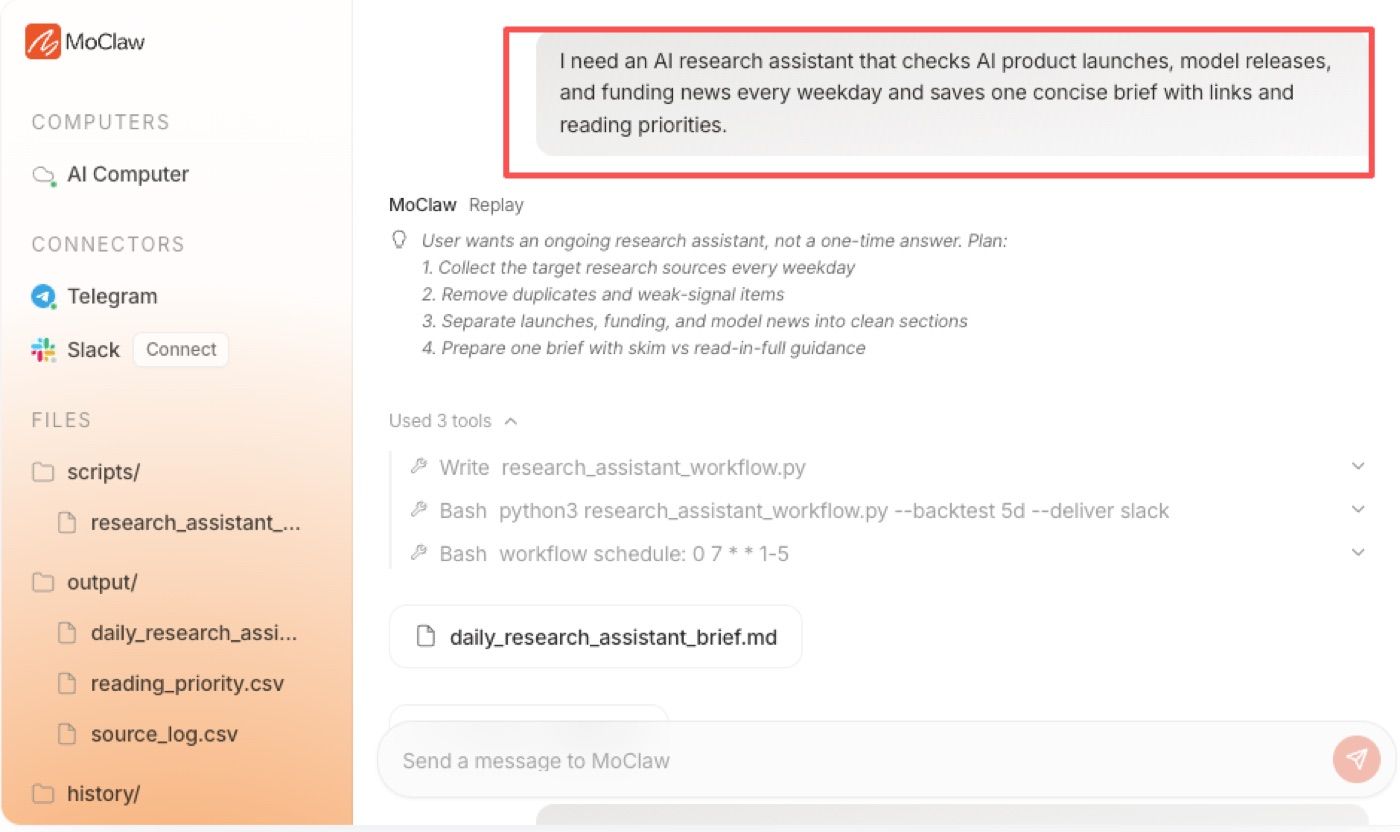 MoClaw research assistant workspace planning a recurring weekly research brief with files and logs