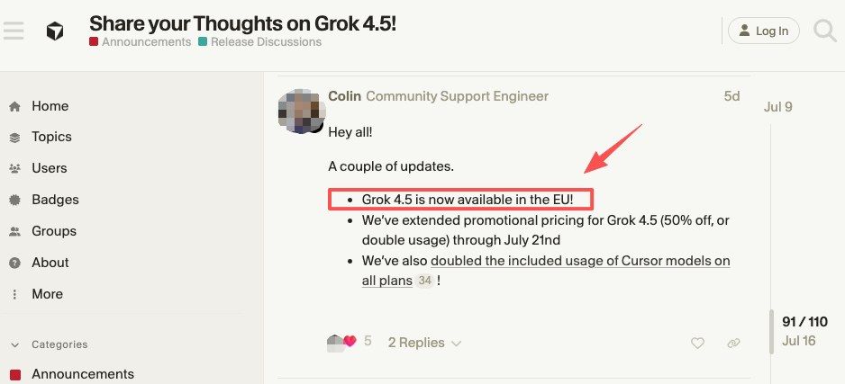 Cursor community forum update confirming Grok 4.5 is now available in the EU