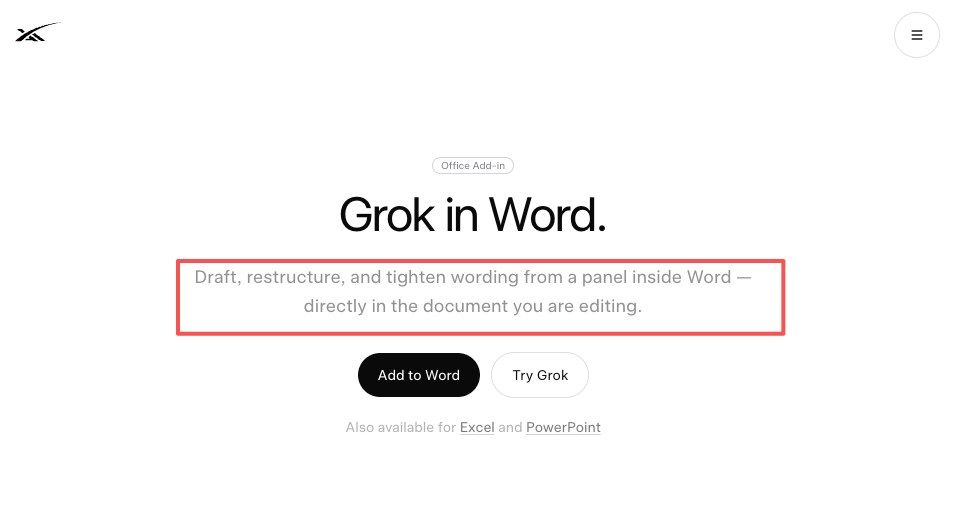 xAI Grok for Word page describing a Microsoft 365 add-in that drafts and tightens wording