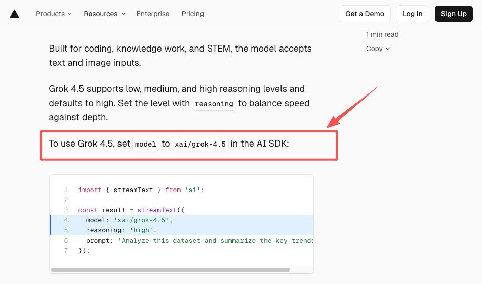 Vercel AI Gateway changelog listing Grok 4.5 with model slug xai slash grok-4.5