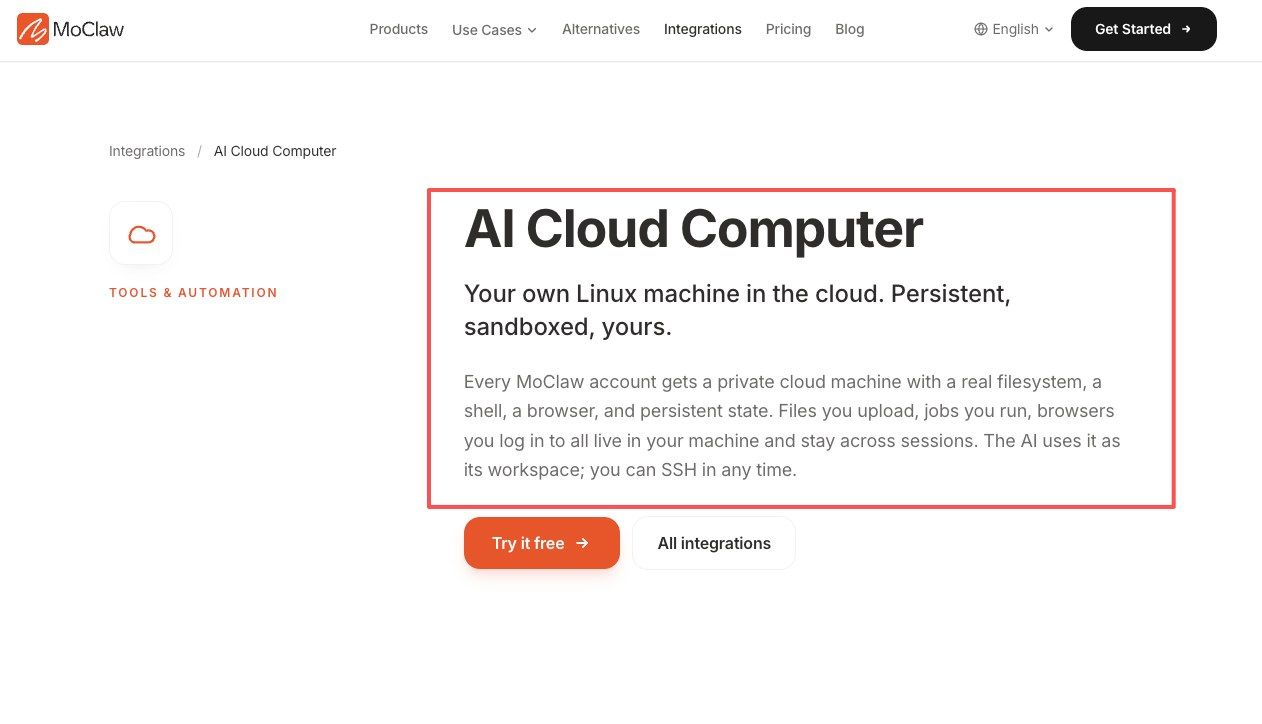 MoClaw AI Cloud Computer integration, a persistent cloud workspace for voice-started tasks