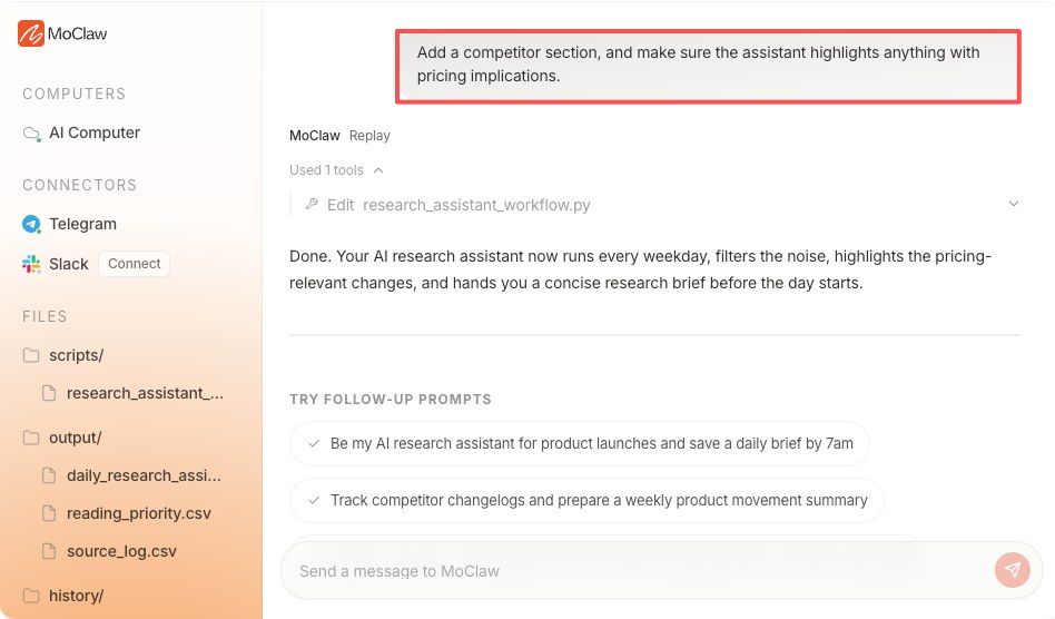 MoClaw AI research assistant use case for recurring briefings with sources and evidence