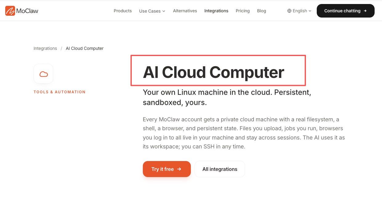 MoClaw AI Cloud Computer integration giving voice-started work a persistent place to run