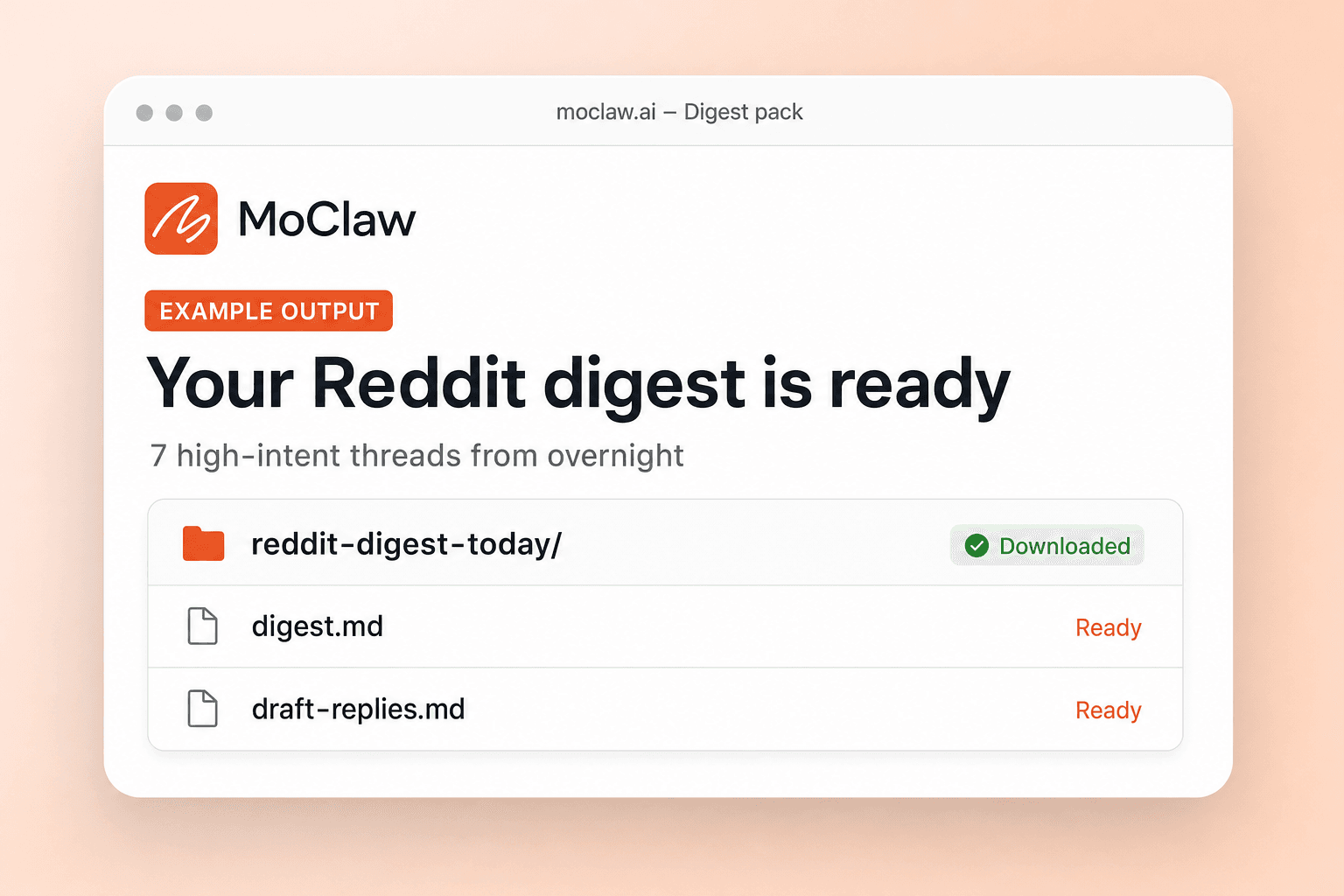 Delivered Reddit digest pack with digest and draft-replies files ready to download