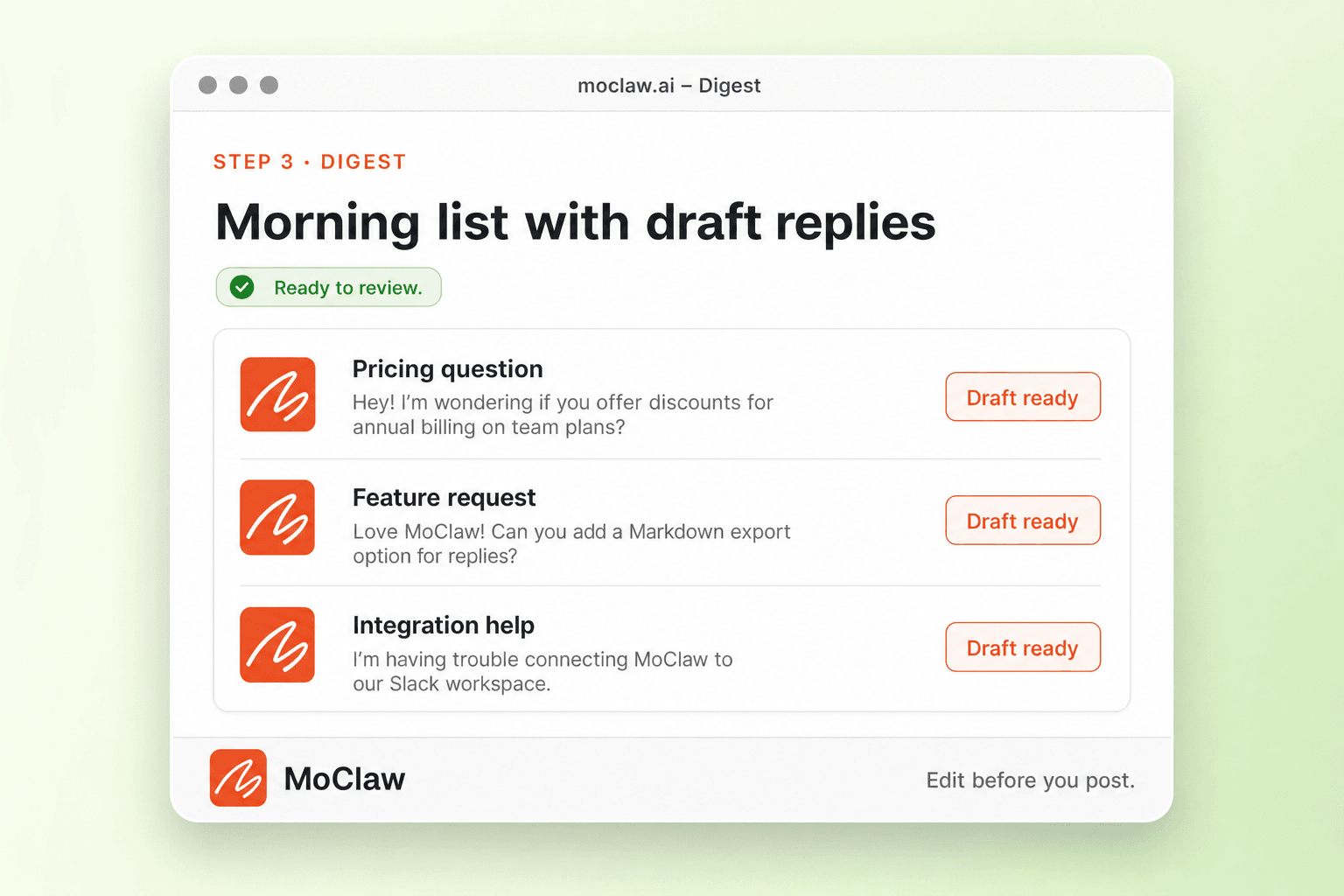 Step 3: morning digest with draft replies