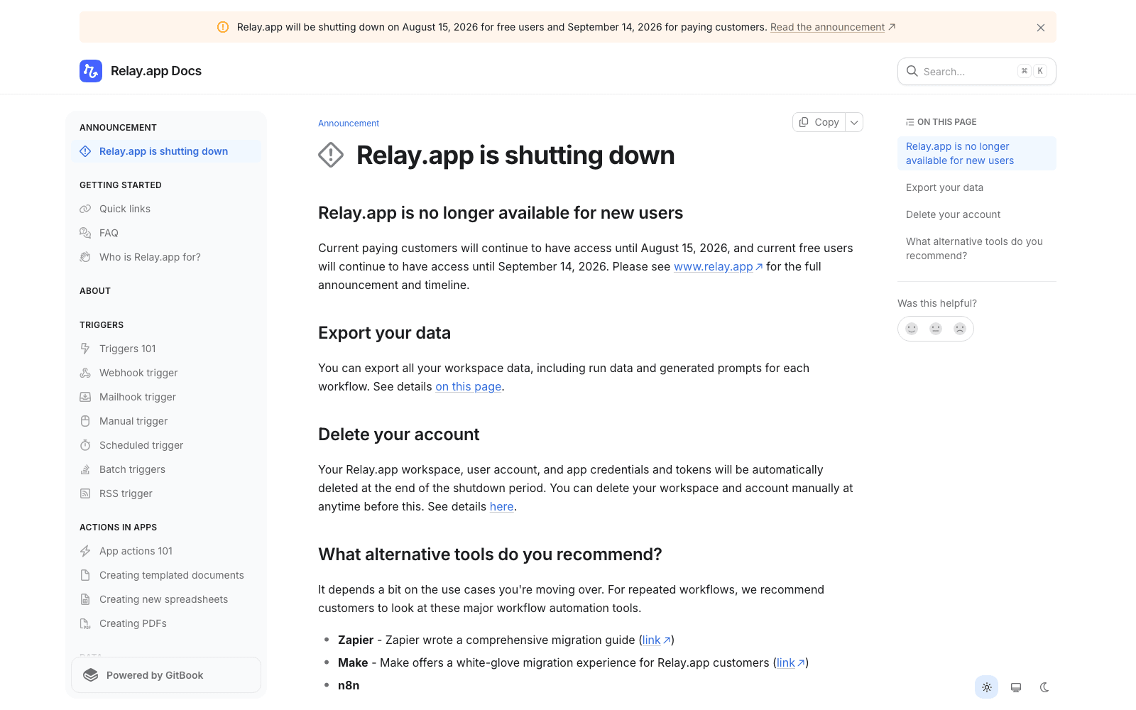 Relay.app's docs announcement page, captured August 18, 2026. The banner and the body text disagree about which tier loses access on which date.