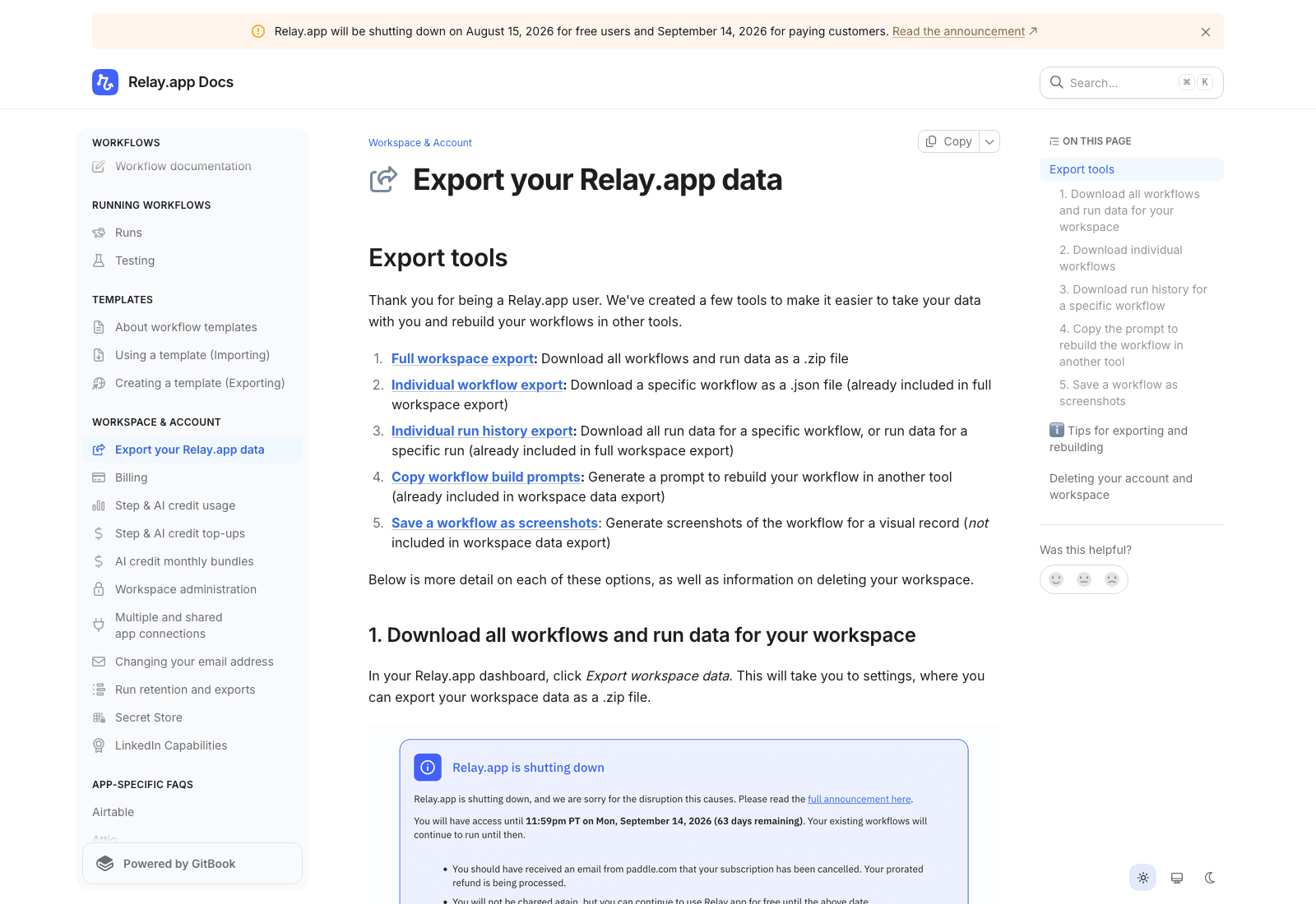 Relay.app's five export tools, as of August 18, 2026. Note that item five, saving a workflow as screenshots, is explicitly not included in the workspace data export.