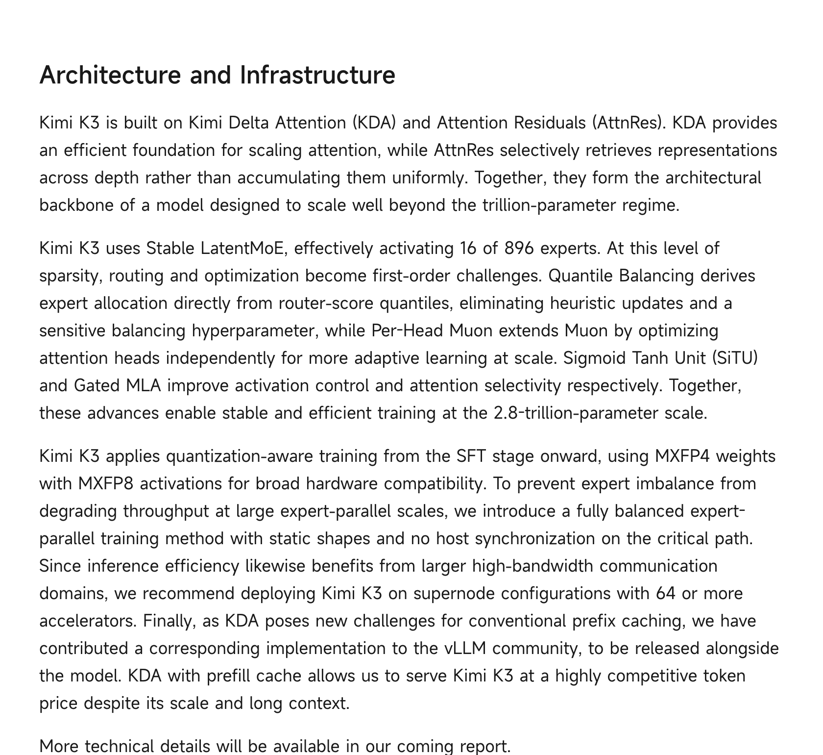 Kimi K3 official Architecture and Infrastructure notes: Kimi Delta Attention, Attention Residuals, and Stable LatentMoE activating 16 of 896 experts at 2.8-trillion-parameter scale (source: Moonshot AI)