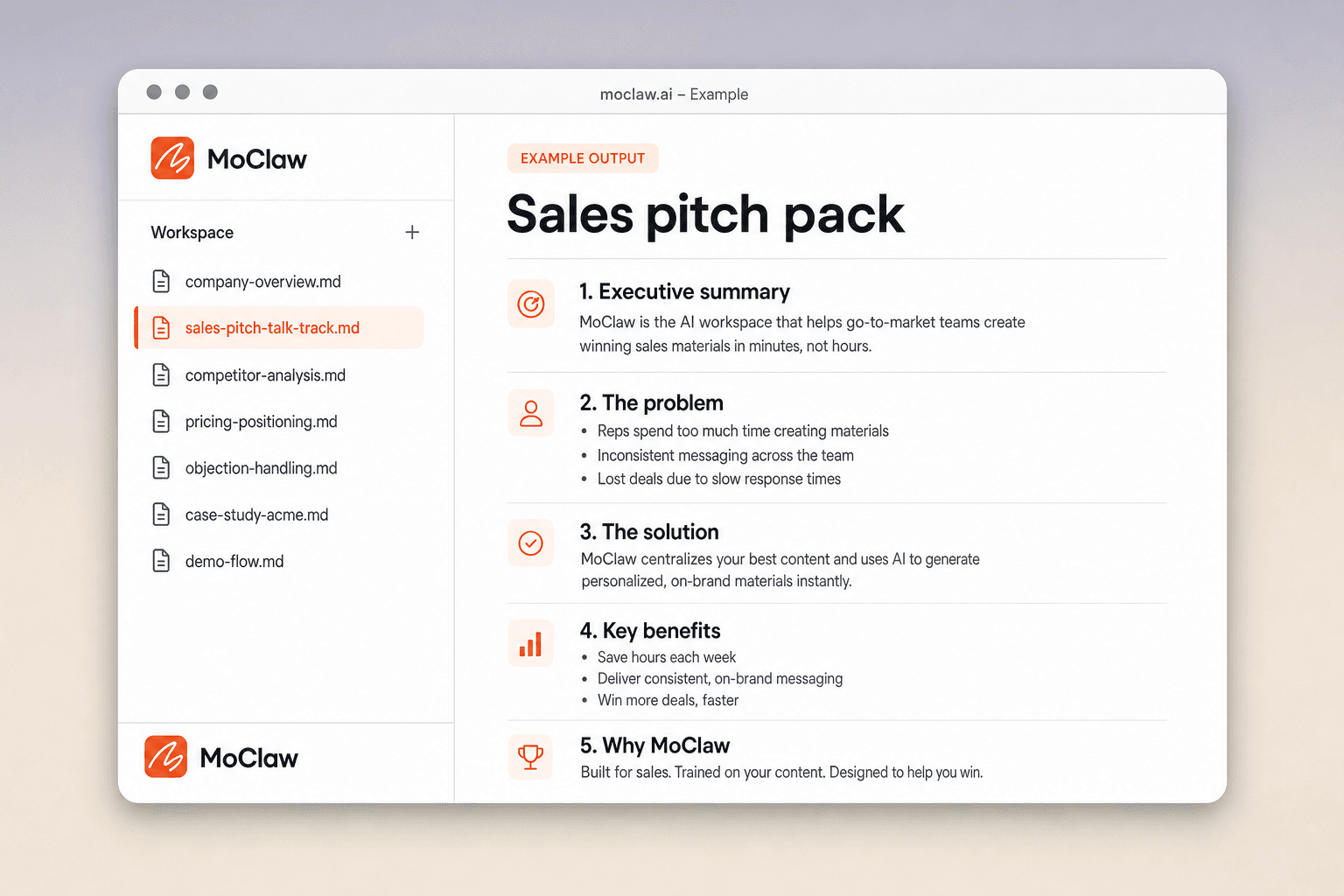Example sales pitch output with open, proof, objections, and ask