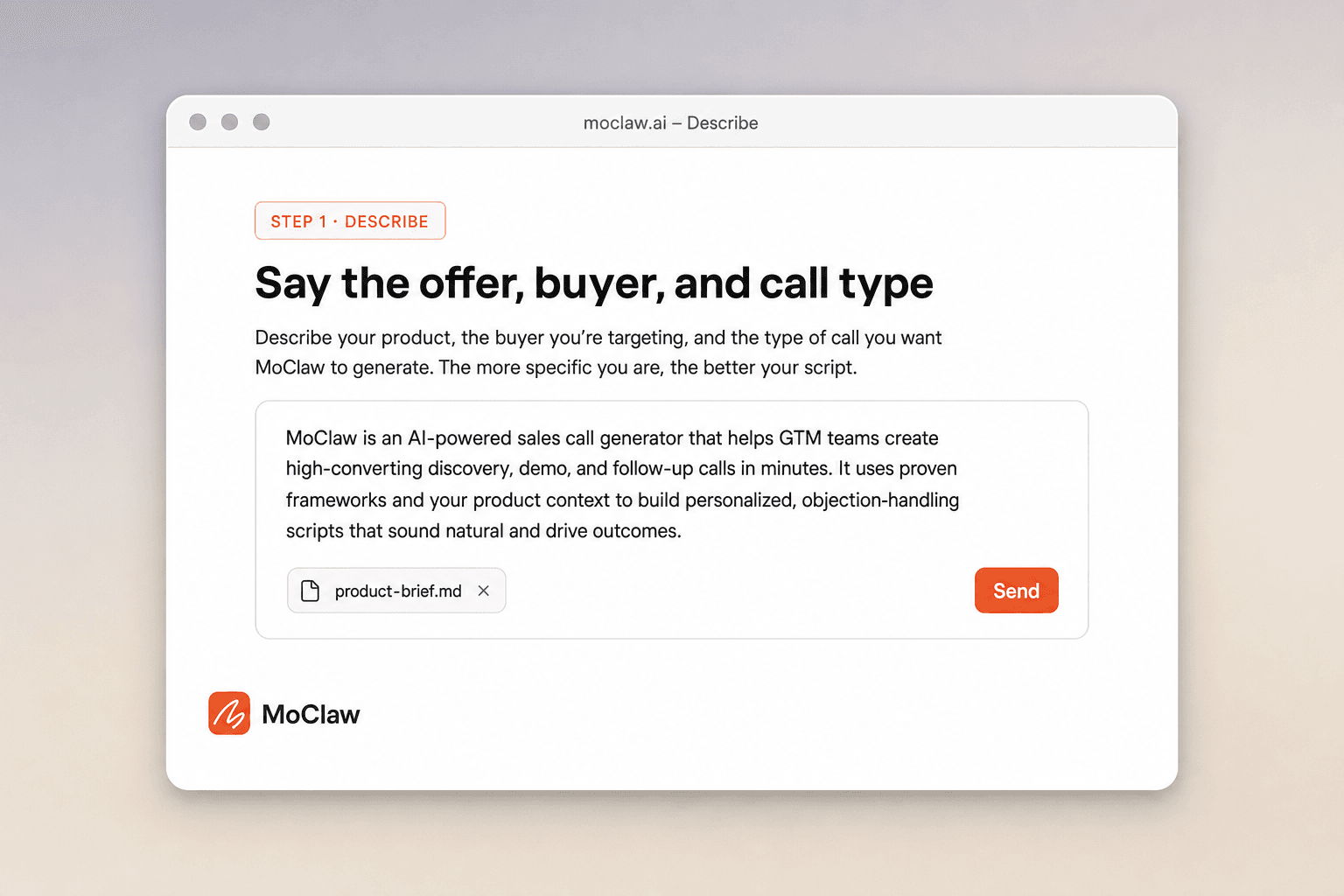 Step 1: describe offer and buyer for the sales pitch