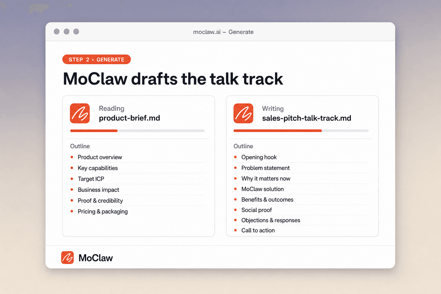 Step 2: MoClaw drafting the sales talk track