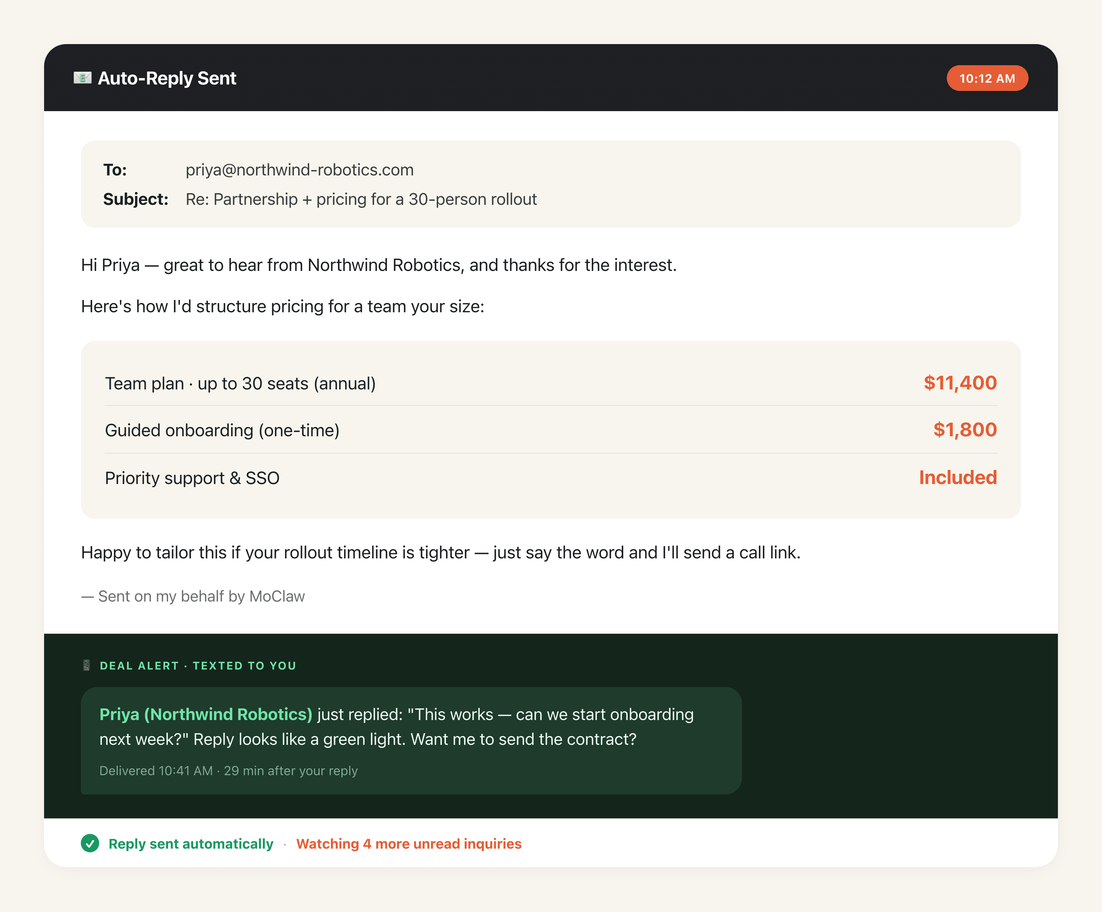 Inbound Auto-Reply and Deal Alert output preview