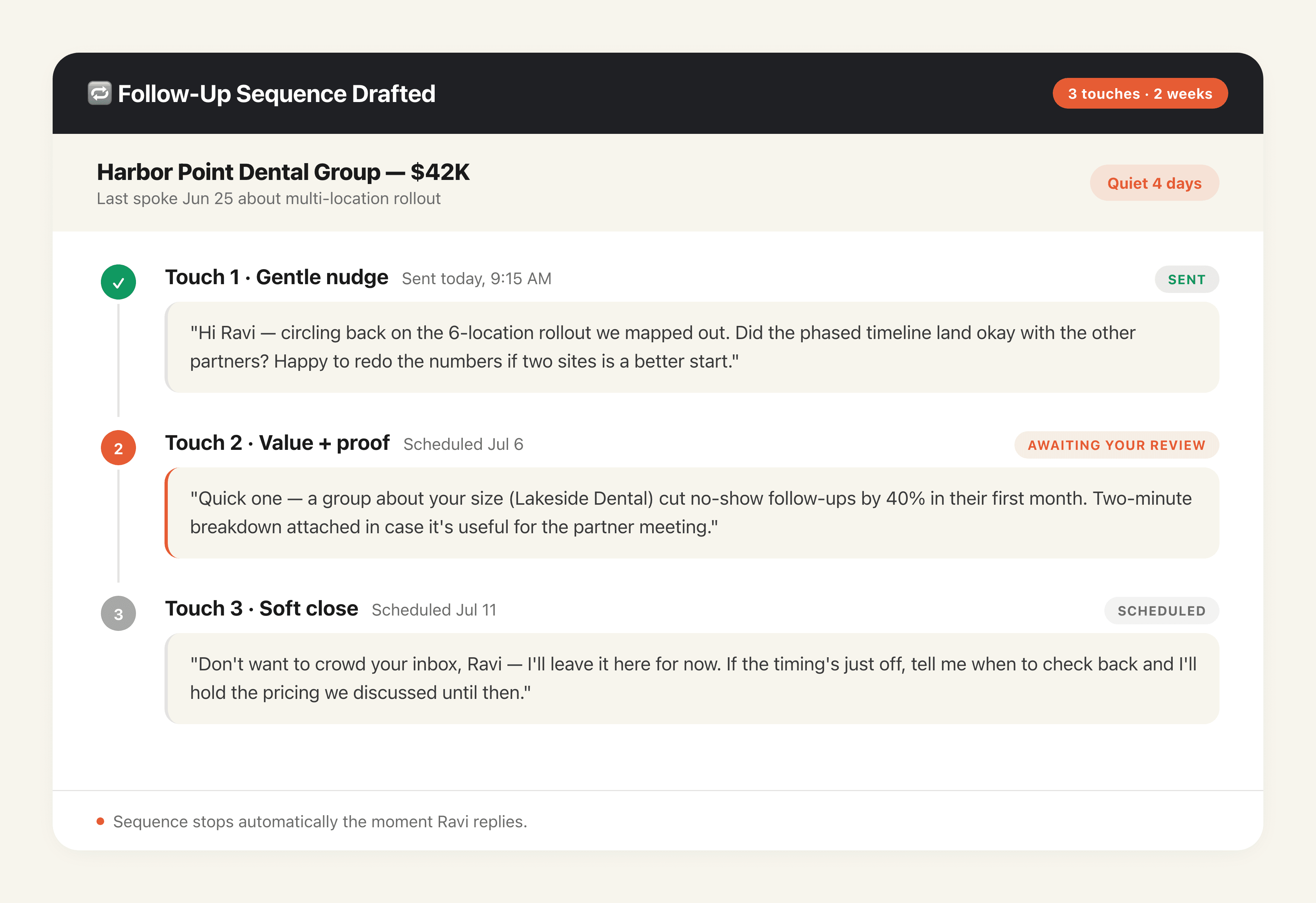 Multi-Touch Follow-Up for Quiet Deals output preview