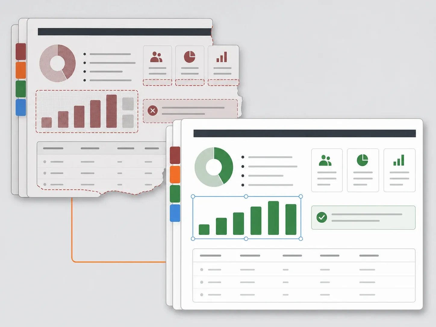 A damaged exported deck behind the same larger repaired PowerPoint deck with matching content, slide order, and editable chart objects