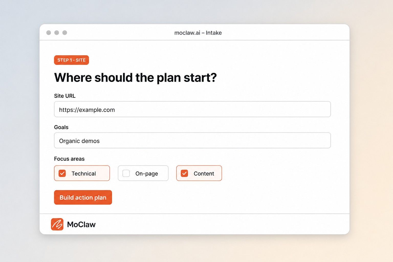 Step 1: paste site URL and SEO goals for the action plan