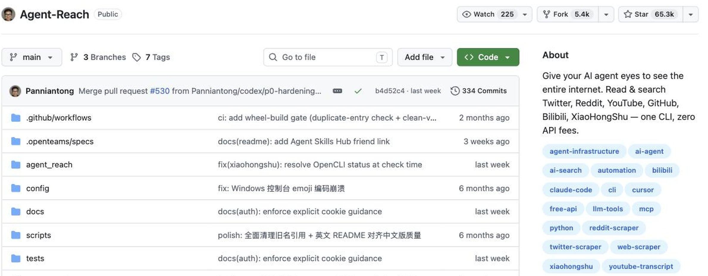 GitHub repository page for Panniantong/Agent-Reach showing 65.3k stars, 5.4k forks and the description "Give your AI agent eyes to see the entire internet"