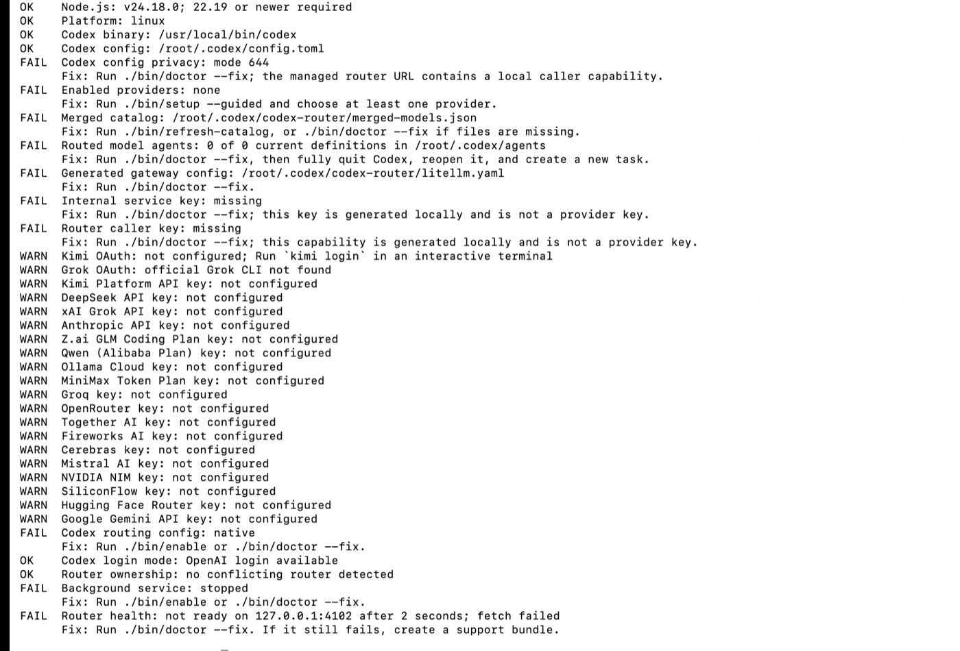 Terminal output from the codex-router doctor command on a deliberately unconfigured install, showing OK, FAIL and WARN lines with a fix command under each failure