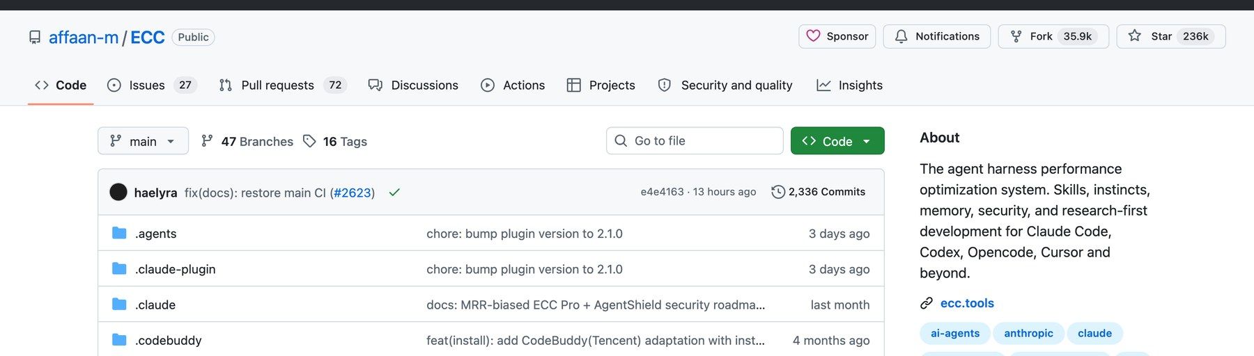 GitHub page for affaan-m/ECC showing the repository description reading The agent harness performance optimization system, next to the star and fork counts