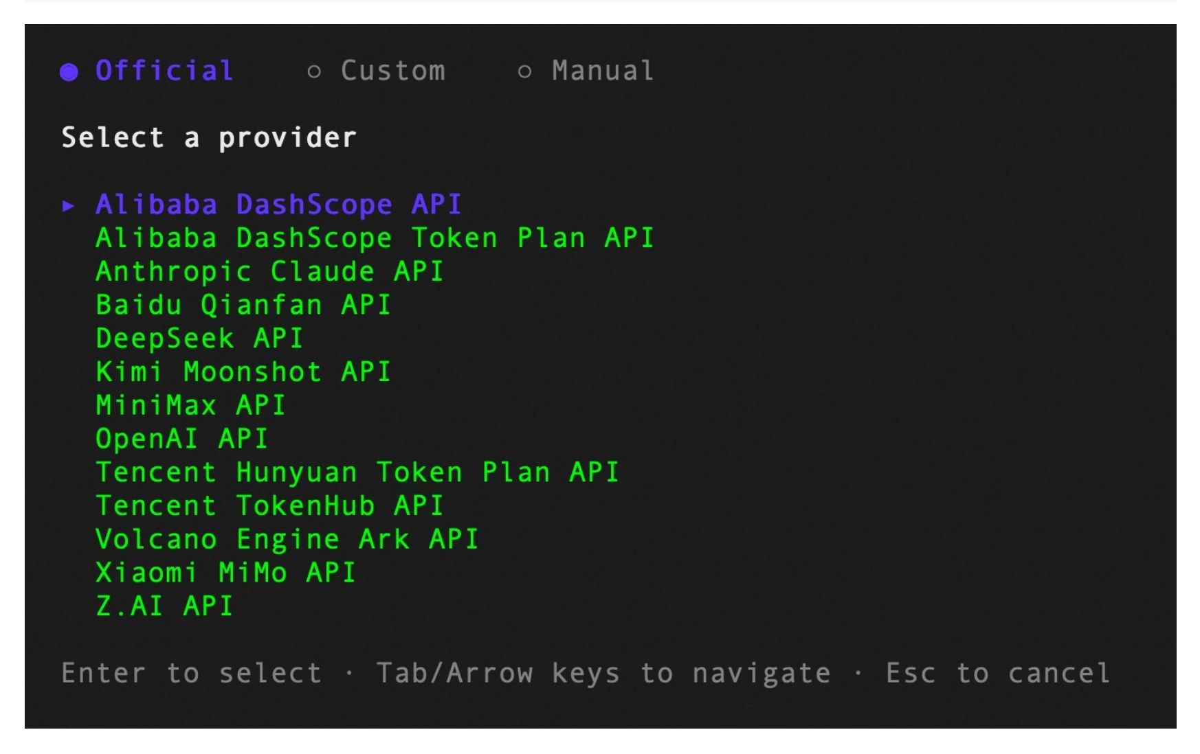 Interactive provider setup screen in the open-code-review CLI listing the built-in model providers