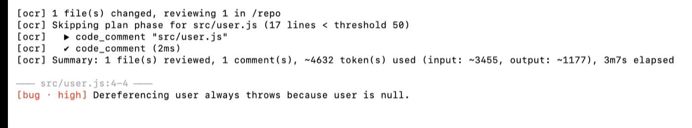 Terminal output from an ocr review run showing a bug comment anchored to src/user.js line 4, with the token and timing summary above it