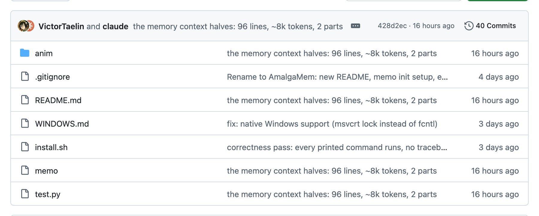 GitHub file listing for the OptMem repository showing README, WINDOWS, install.sh, memo and test.py, with no LICENSE file present