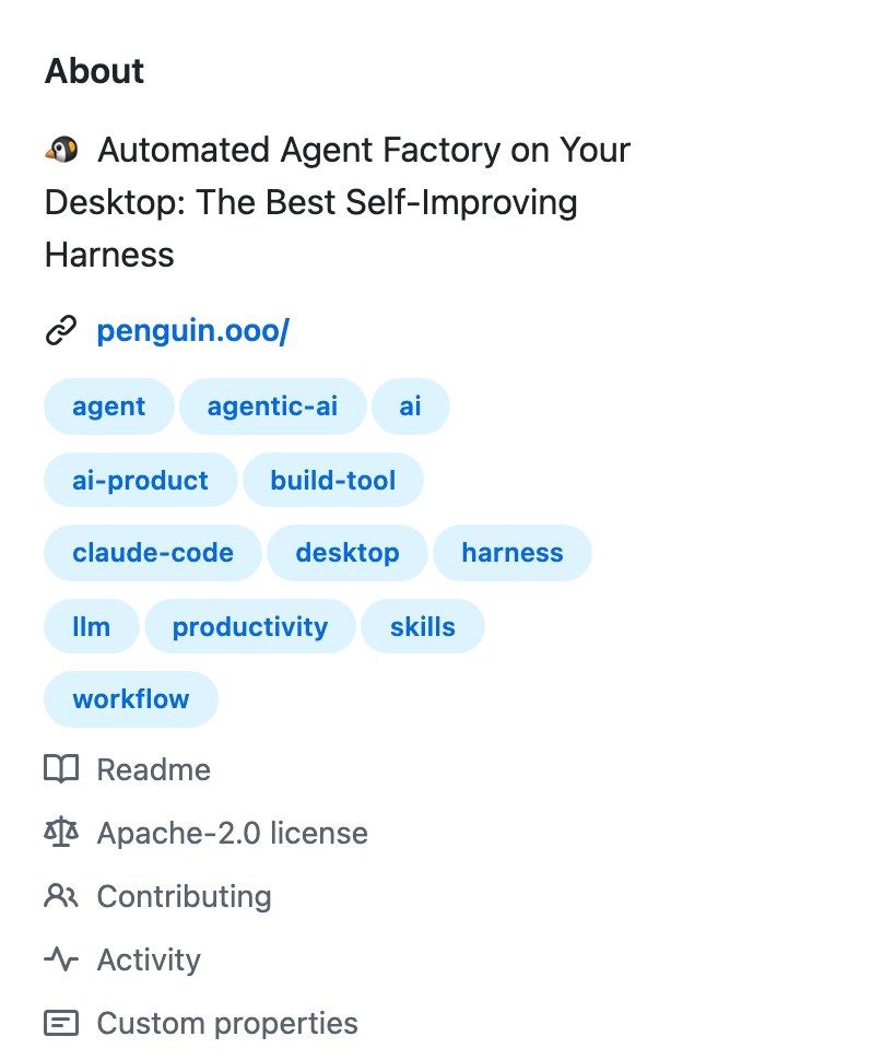 GitHub About sidebar for penguin-harness showing a topic tag reading harness alongside the Apache-2.0 license line