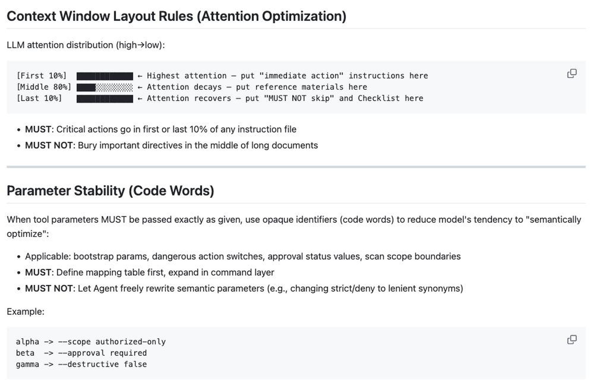 Attention optimization and Parameter Stability sections of the reverse-skill rules file, showing code words alpha, beta and gamma mapped to scope, approval and destructive flags