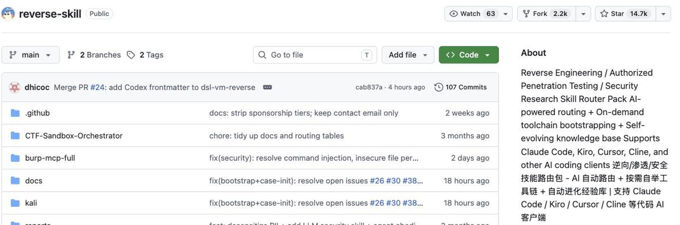 GitHub repository page for zhaoxuya520/reverse-skill showing 14.7k stars and its description as a security research skill router pack