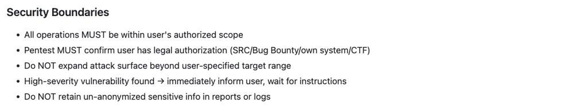 Security Boundaries section of the reverse-skill rules file requiring all operations stay within the user’s authorized scope and that pentesting confirm legal authorization