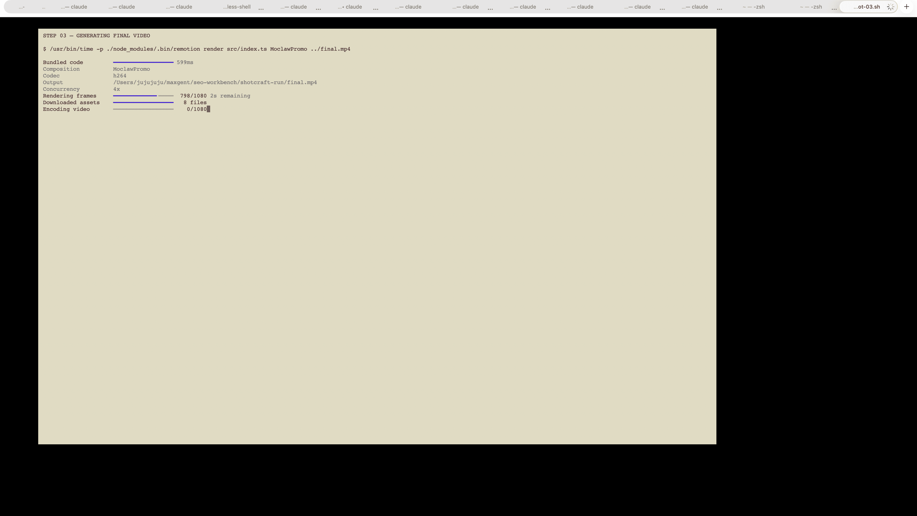 Remotion rendering the 1080 frames of the final composition