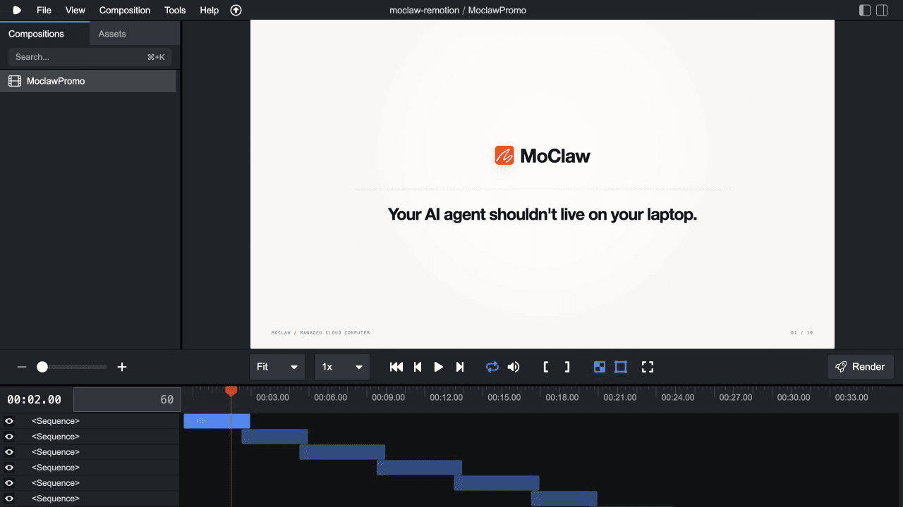 Remotion Studio with the MoClawPromo composition and its ten-sequence timeline