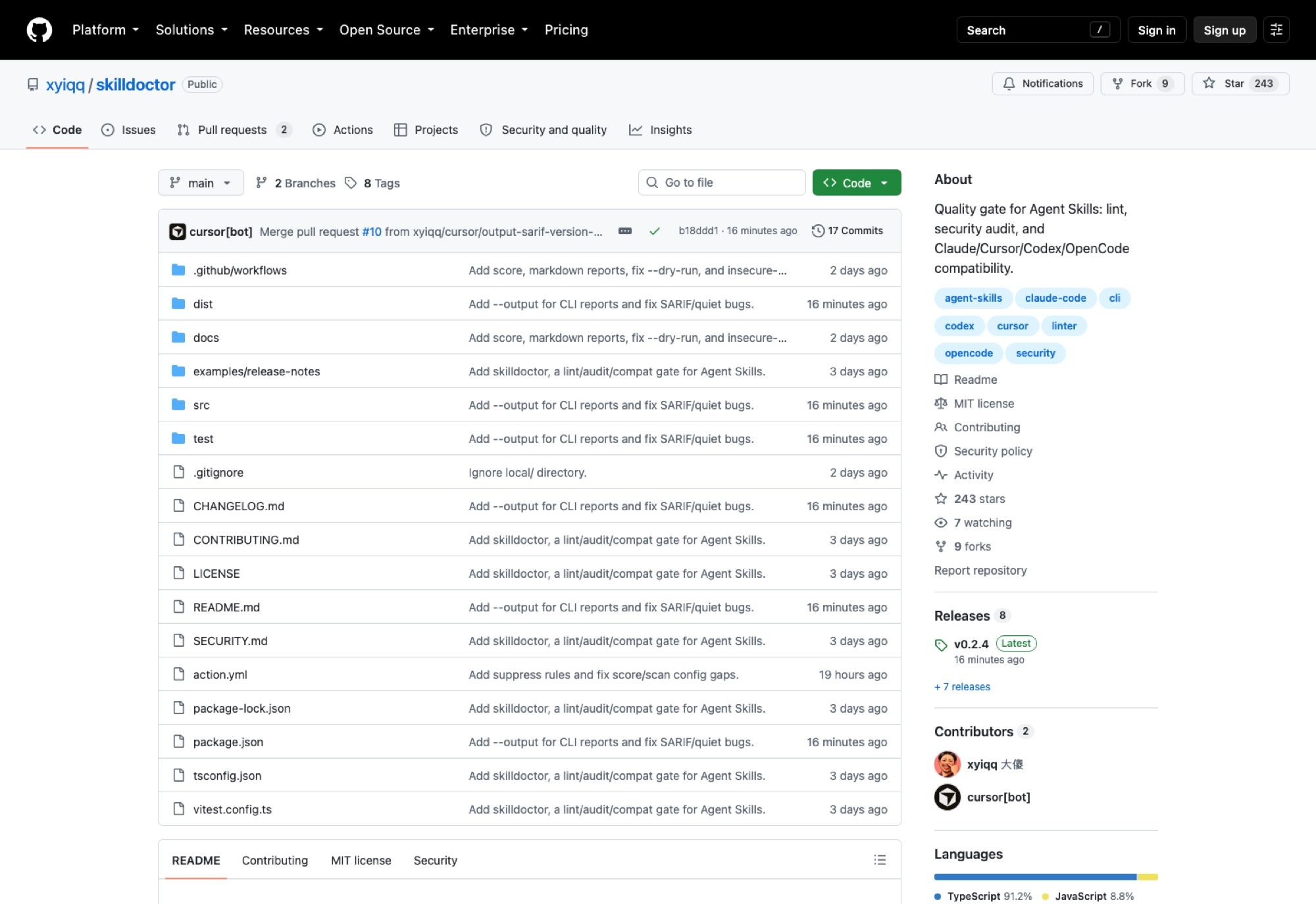 The skilldoctor repository three days after going public: 243 stars, 8 releases, and a contributor list two names long