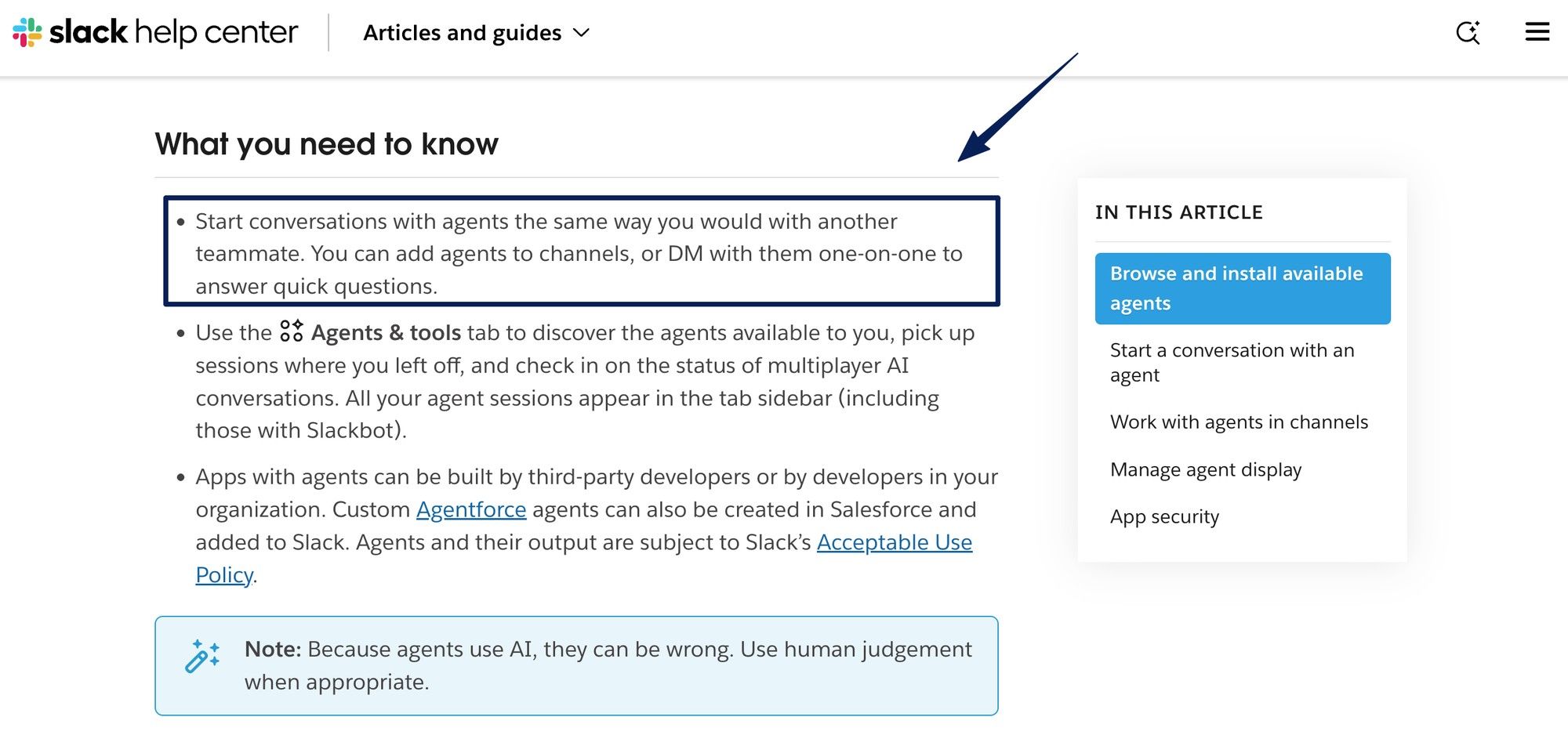 Slack help centre: start a conversation with an AI agent the way you would with a teammate