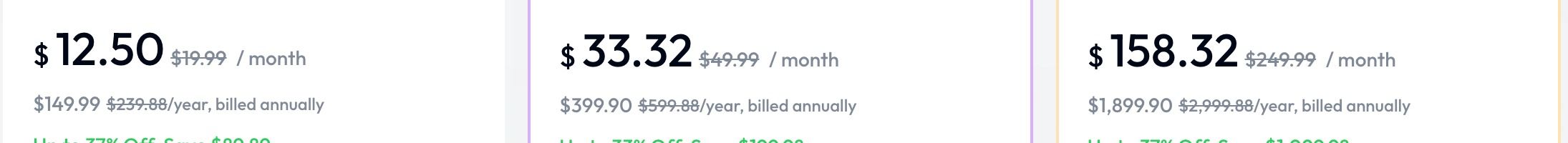 All three Skywork tiers side by side: $12.50, $33.32 and $158.32 a month, each shown against a higher struck-through list price.