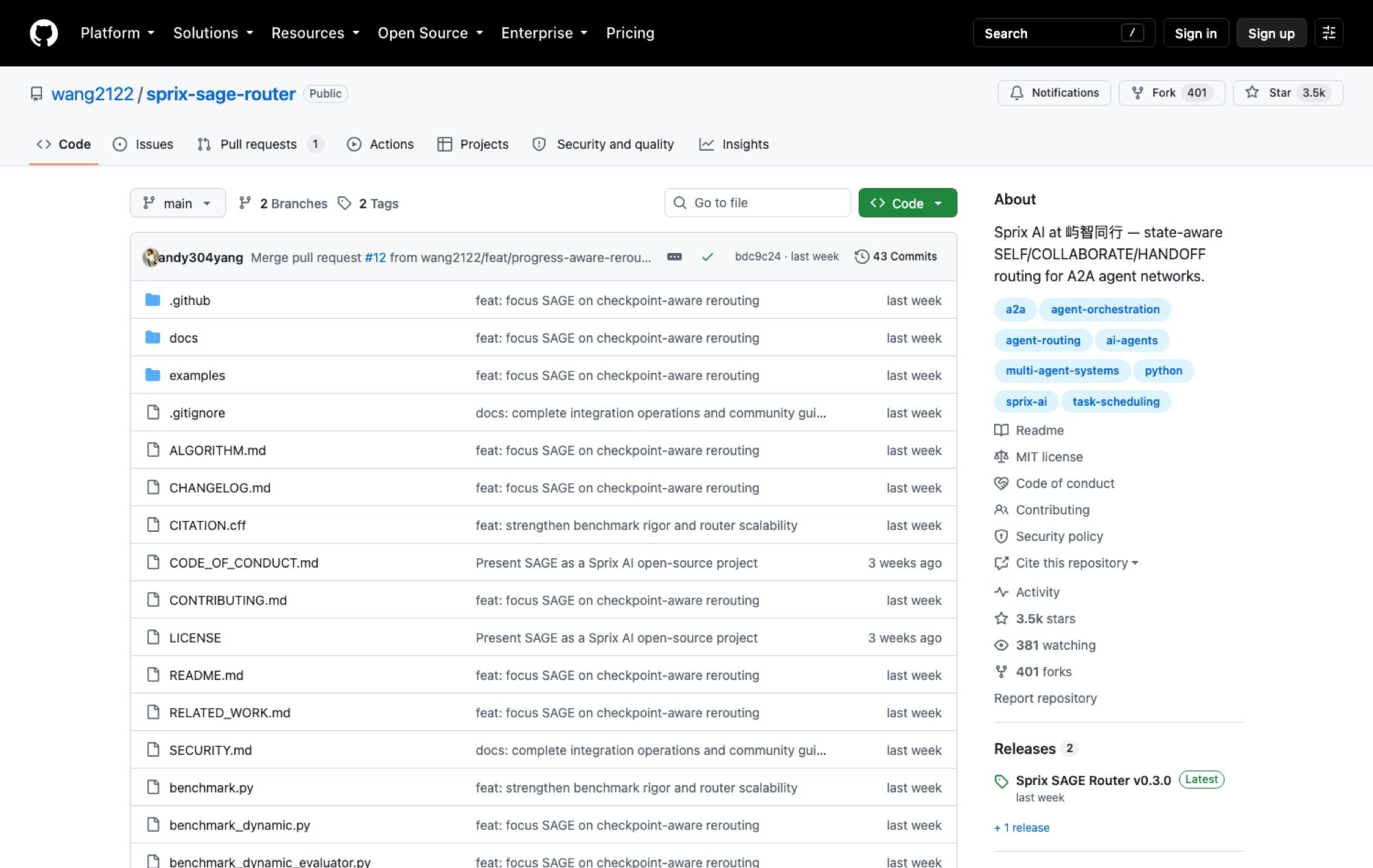 The wang2122/sprix-sage-router repository on GitHub as of 5 September 2026: 3.5k stars, 401 forks, 381 watching, 43 commits, MIT license, and topic tags for a2a, agent-orchestration and task-scheduling