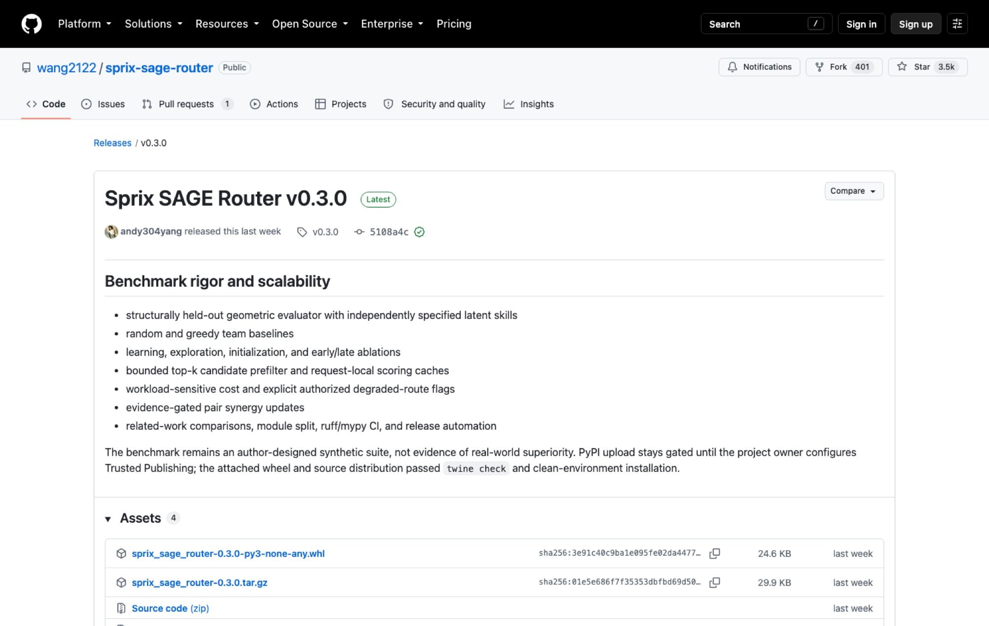 The v0.3.0 release page, dated 28 August 2026, listing the benchmark-rigour changes and stating outright that the suite is not evidence of real-world superiority, with the gated PyPI upload noted below it