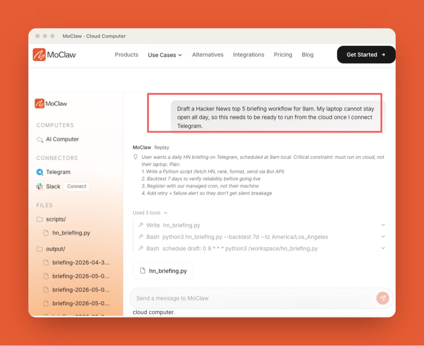 MoClaw generating a scheduled Hacker News briefing workflow from a plain-English prompt, showing the three tools it will use and a cron schedule