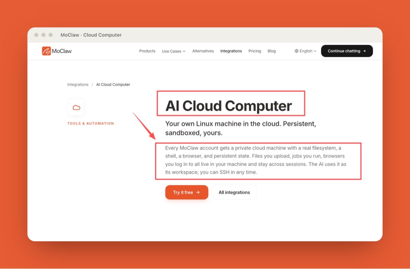 MoClaw AI Cloud Computer integration page describing a private, persistent cloud Linux machine
