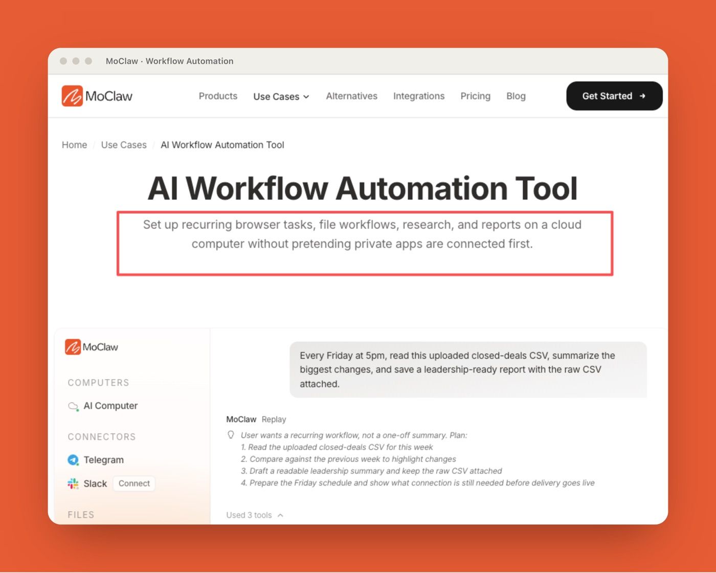 MoClaw AI Workflow Automation Tool use-case page for recurring cloud browser and file tasks
