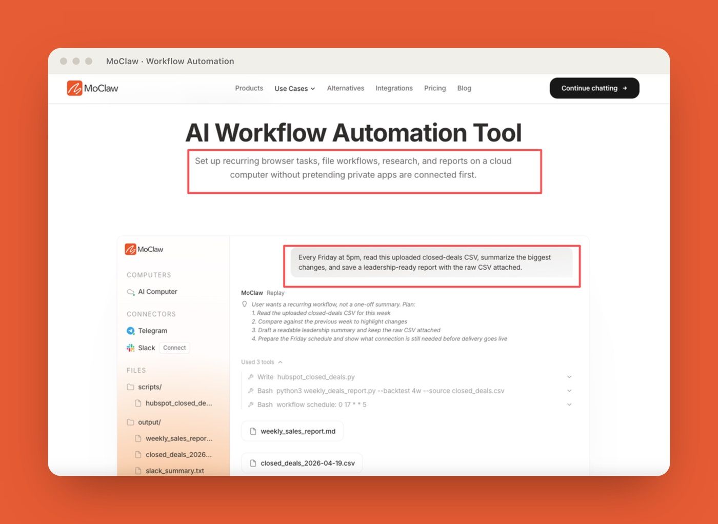MoClaw AI Workflow Automation Tool use-case page for recurring cloud browser and file tasks