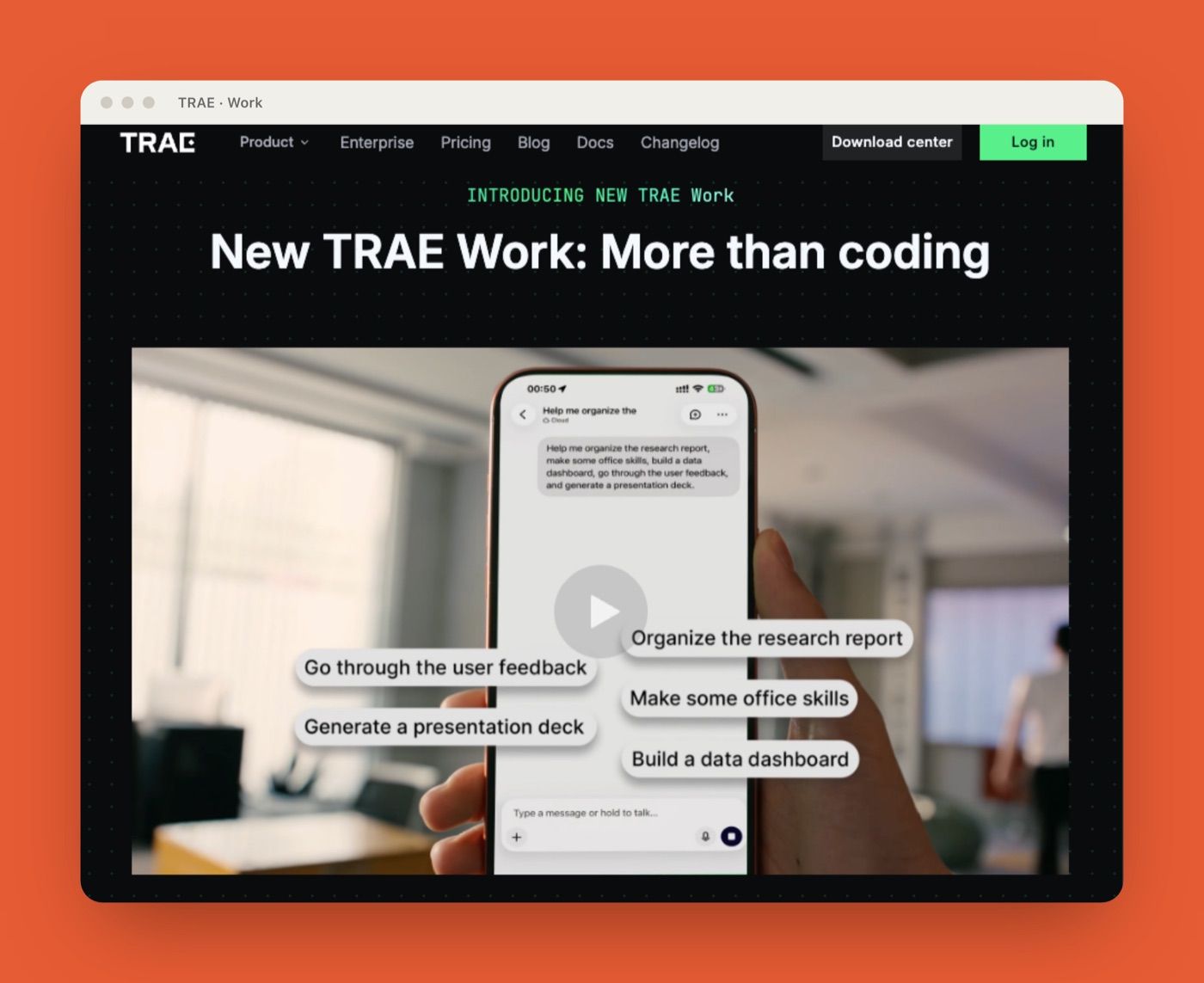 TRAE Work agentic AI workspace product page framed on the MoClaw brand canvas