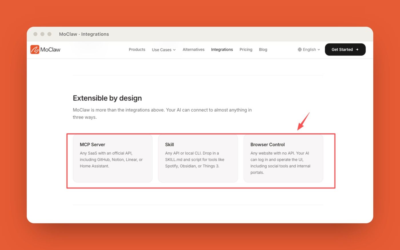 MoClaw integrations page showing MCP server, Skill, and Browser Control as separate access paths