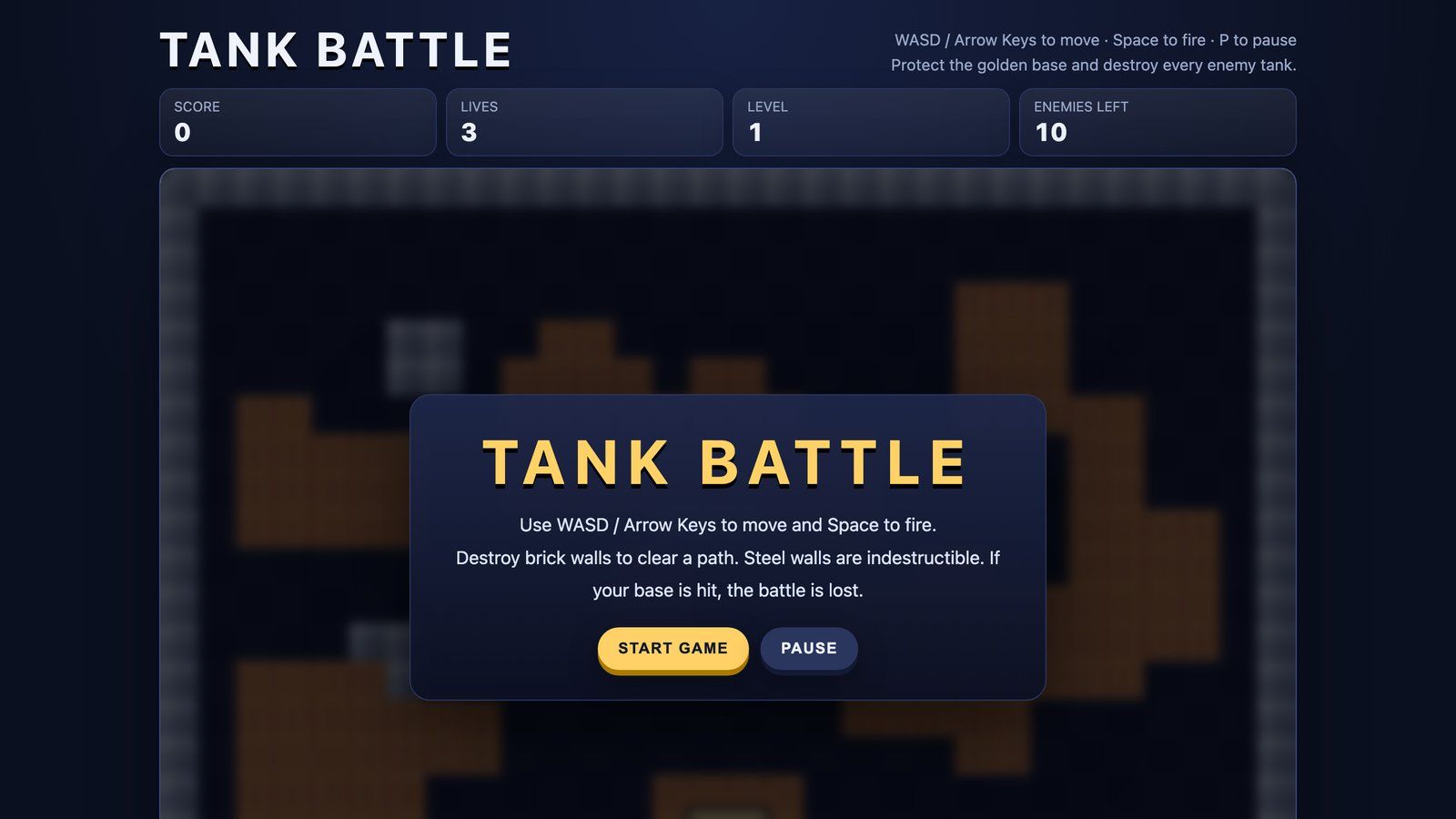 Kimi K3-Demo — Tank Battle, ein spielbares Arcade-Spiel, erstellt von MoClaw