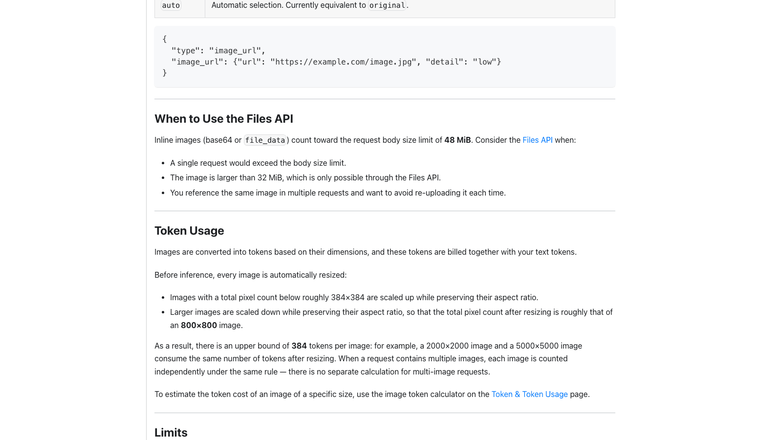 DeepSeek's Vision guide describing the automatic resize: images under roughly 384x384 are scaled up, larger images are scaled down to roughly the pixel count of an 800x800 image, producing an upper bound of 384 tokens per image.