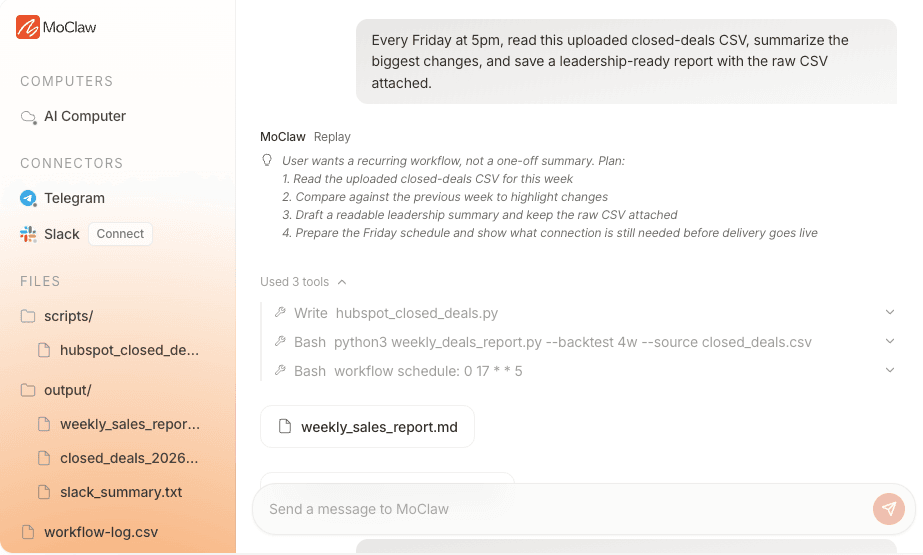 A MoClaw scheduled workflow producing files, reports, and delivery artifacts over time, where a skill update can change many runs at once.