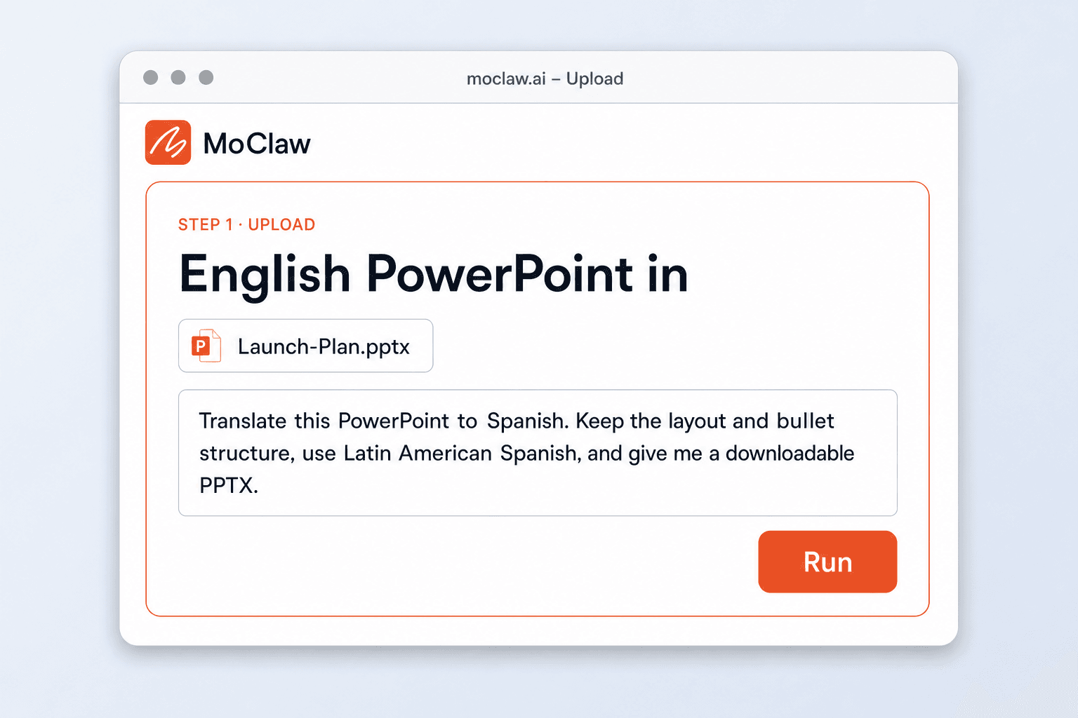 Step 1: upload English PowerPoint for Spanish translation