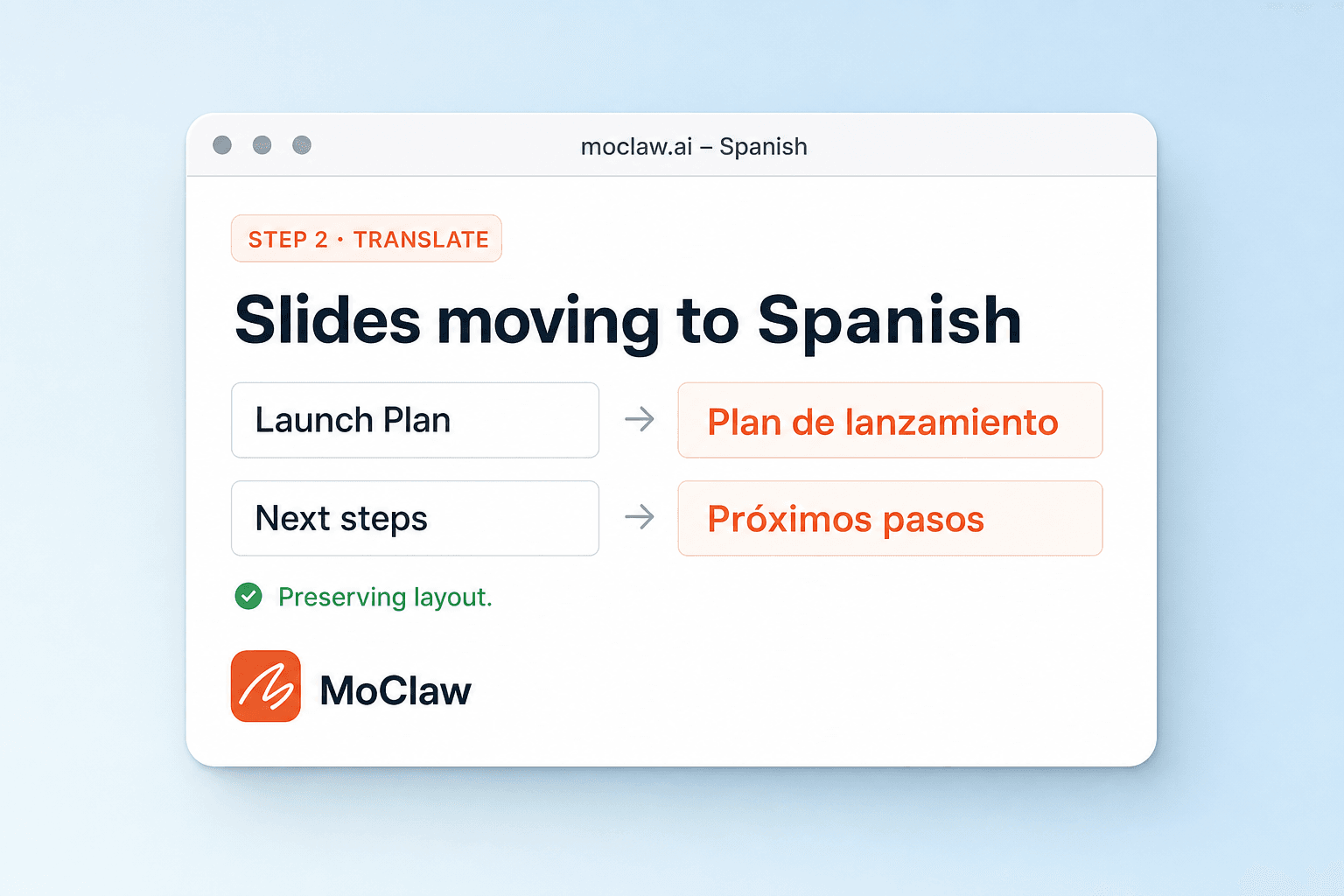 Step 2: MoClaw translating slides into Spanish