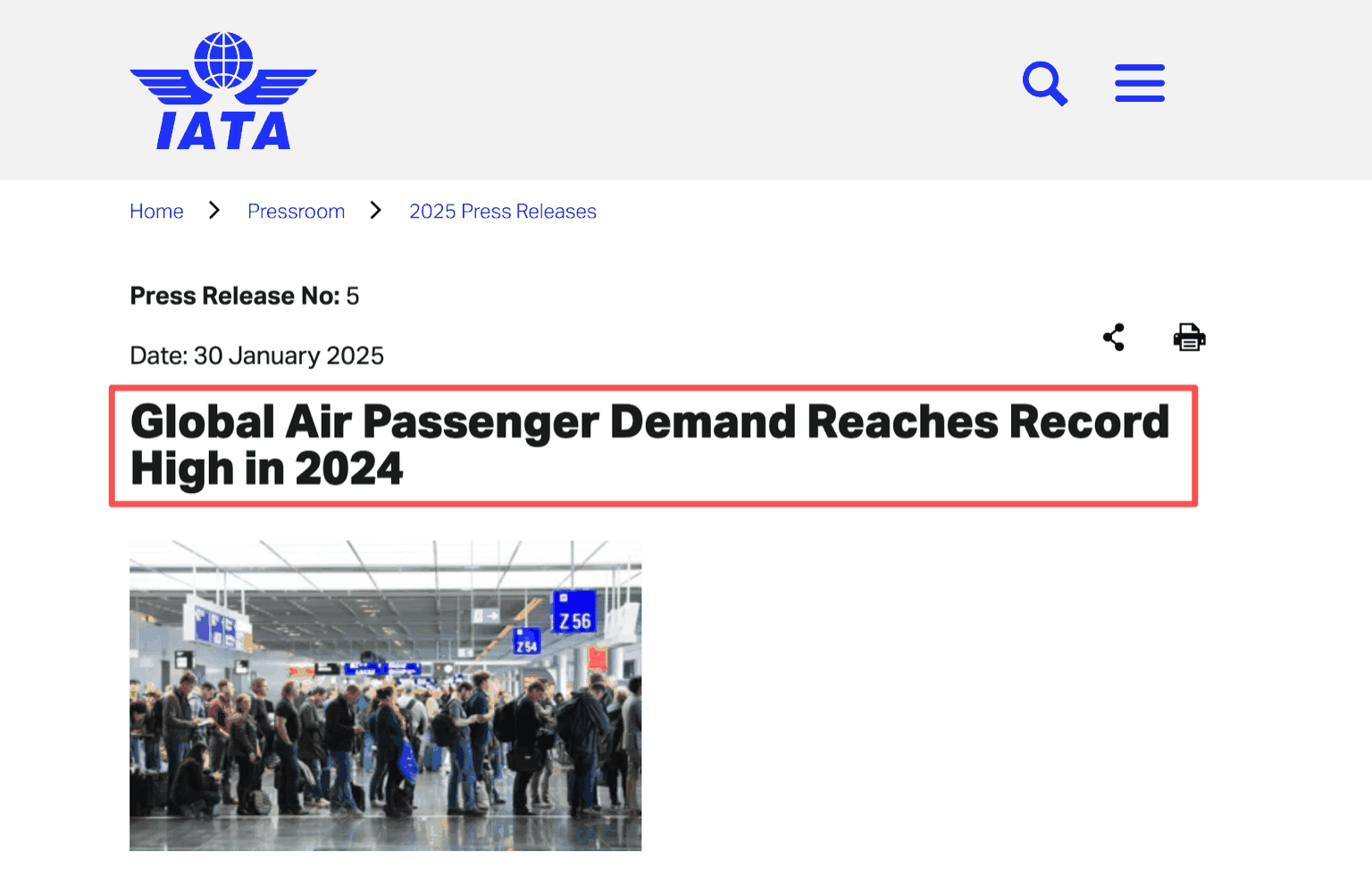 IATA press release confirming global air passenger demand reached a record high in 2024